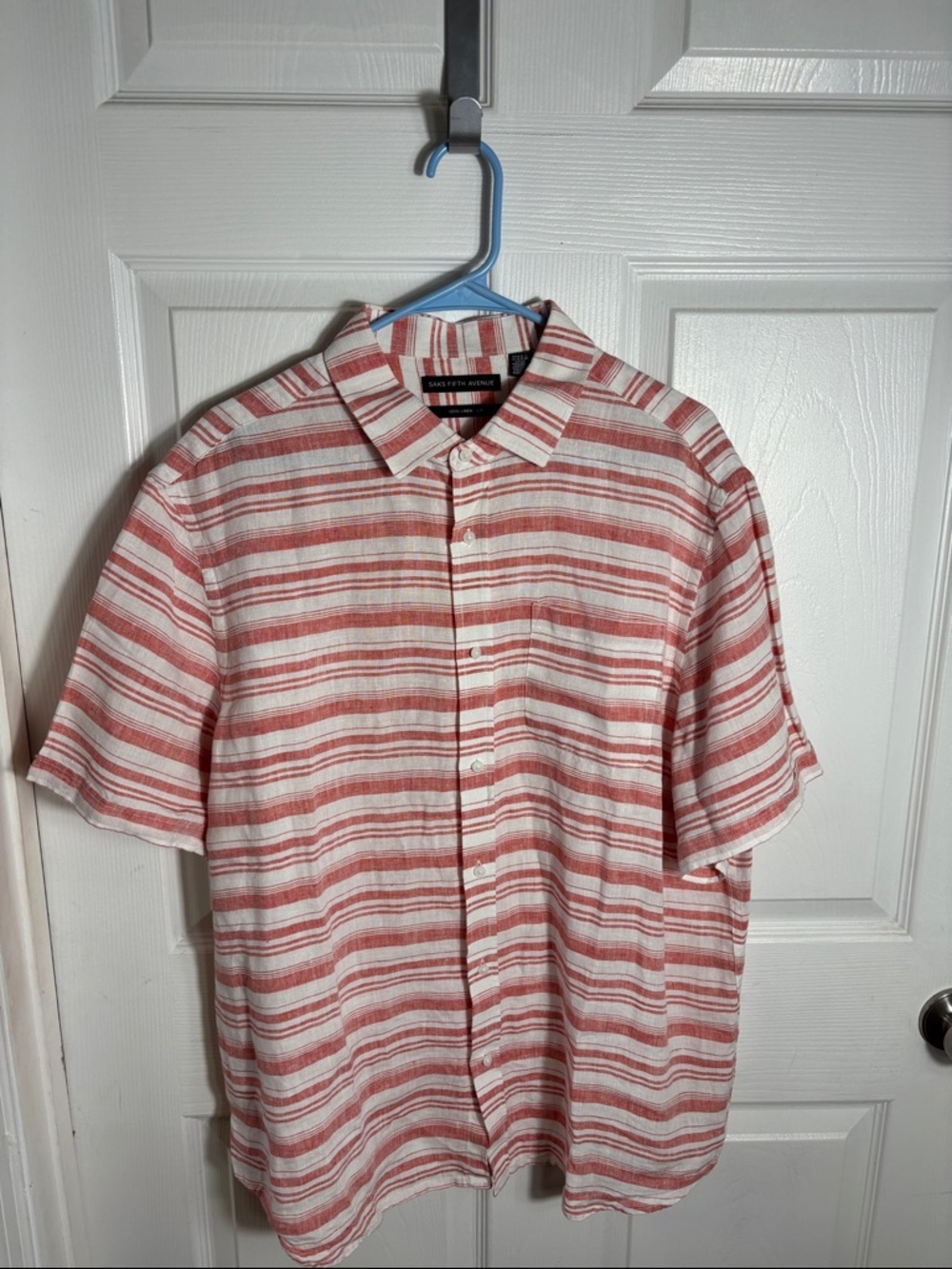 Saks Fifth Avenue Linen Shirt XL Rust Red White Striped - Picture 8 of 8